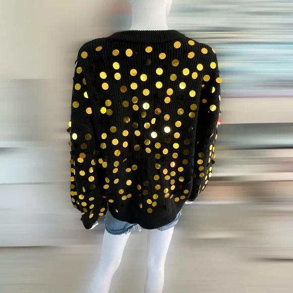 PEACH LOVE CALIFORNIA Black shaker knit gold accent sweater S M L - Picture 8 of 9